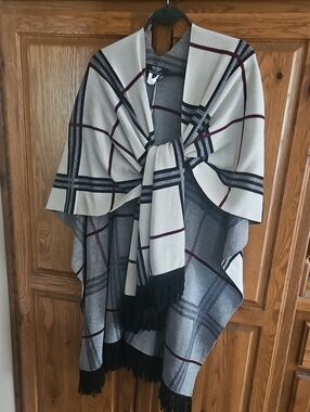 Plaid Fringe Shawl Cape in Cream, Gray & Burgundy